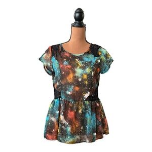 Angie Galaxy Print Sheer Blouse with Lace Details Size Small  #B244